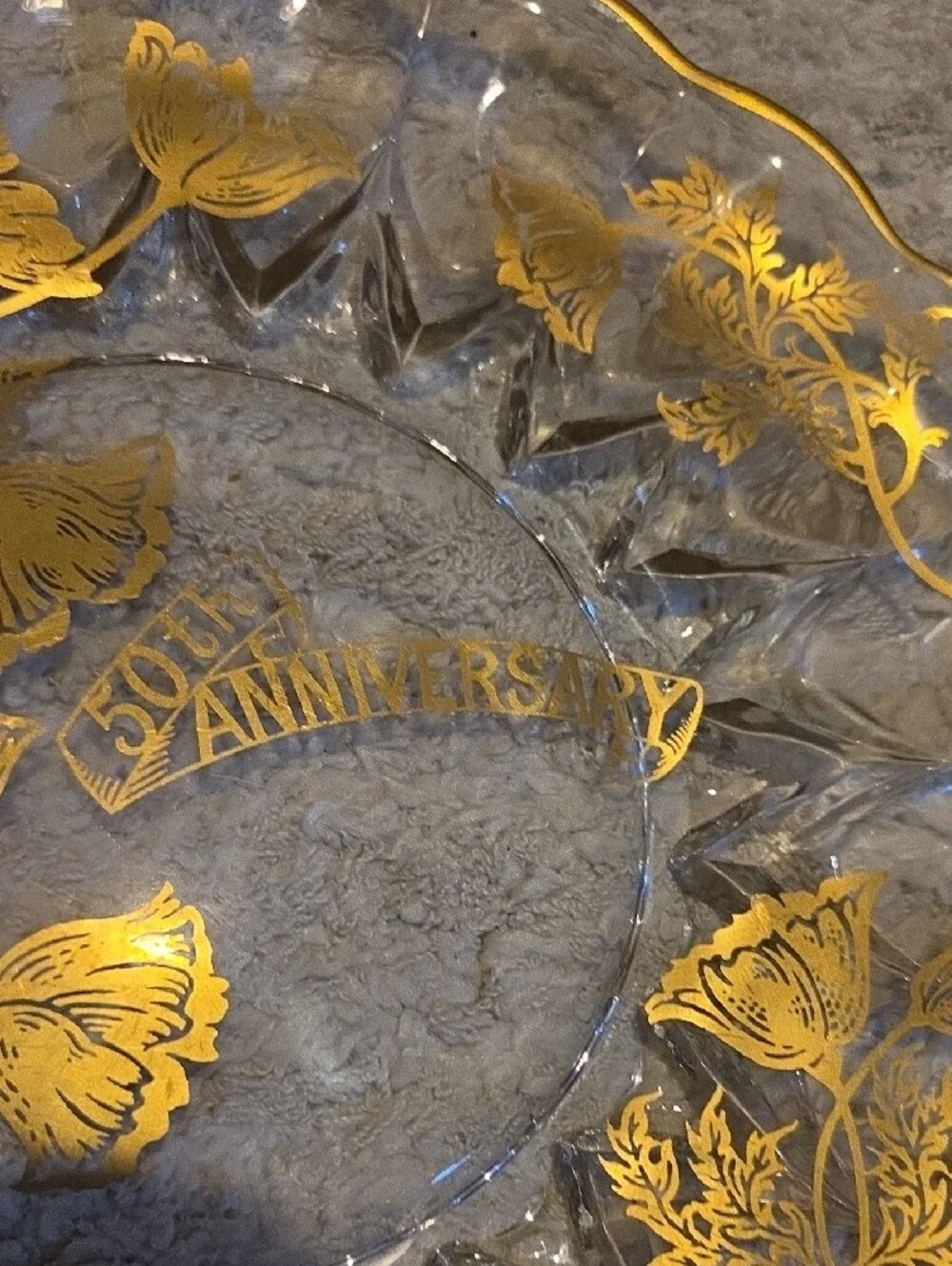 Glass Flanders Poppy 22k Gold Overlay Crystal Cake Plate 50th Anniversary